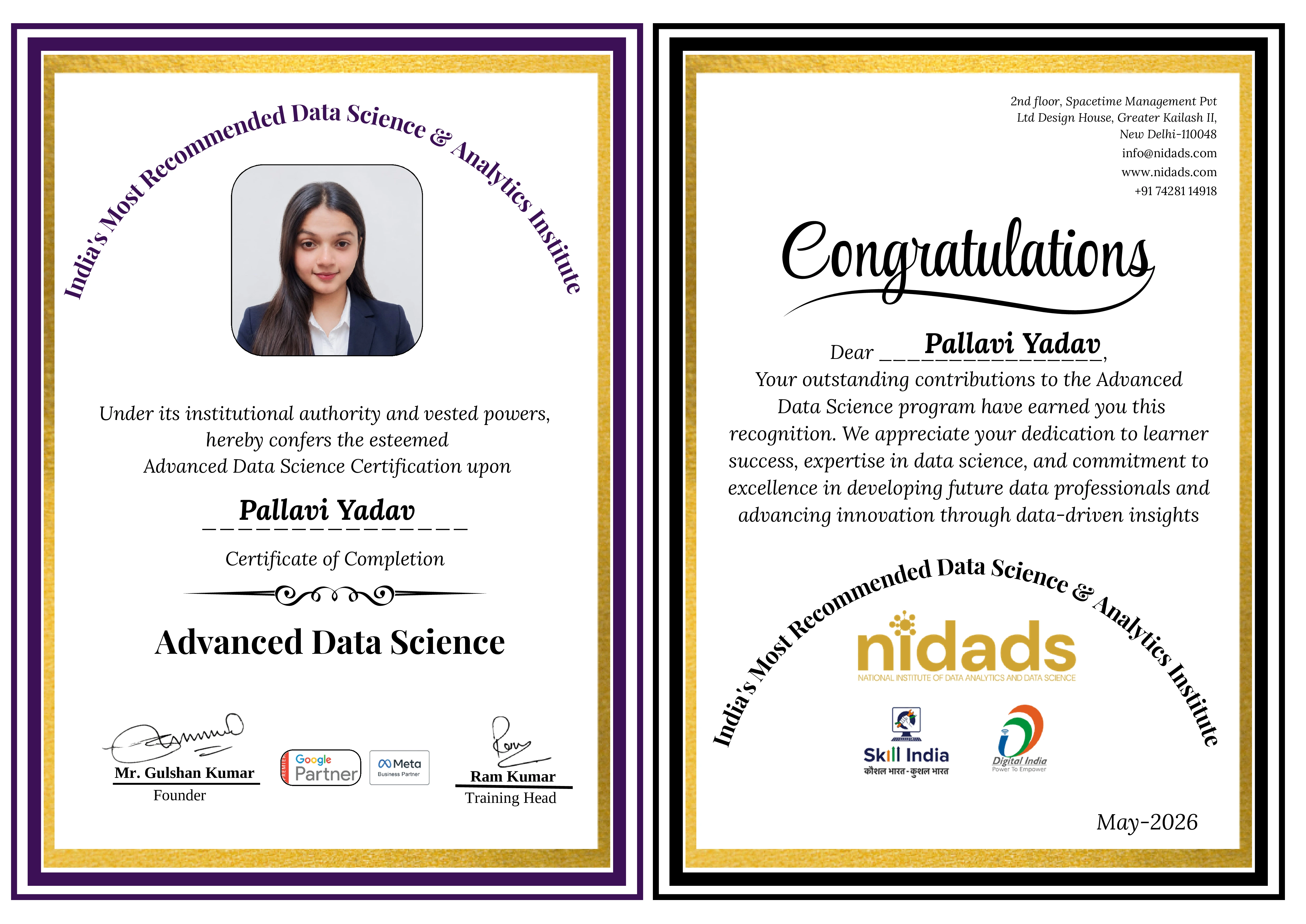 Pallavi Yadav certificate